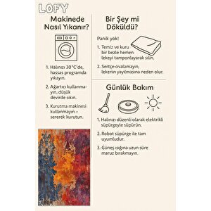 Yıkanabilir Halı – Kırmızı; Turuncu; Mavi; Bej – Soyut Desen, Pamuk Dokuma Taban, Makinede Yıkanabilir, Kolay Temizlenebilir, Toz Ve Tüy Tutmaz, Kaymaz, Evcil Hayvan Dostu 150x150 cm