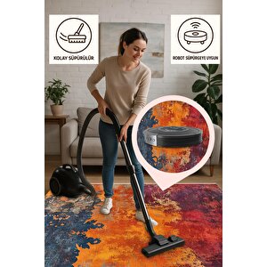 Yıkanabilir Halı – Kırmızı; Turuncu; Mavi; Bej – Soyut Desen, Pamuk Dokuma Taban, Makinede Yıkanabilir, Kolay Temizlenebilir, Toz Ve Tüy Tutmaz, Kaymaz, Evcil Hayvan Dostu 150x150 cm