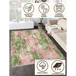 Halı – Yeşil; Pembe; Krem – Soyut Desen, Pamuk Dokuma Taban, Makinede Yıkanabilir, Kolay Temizlenebilir, Toz Ve Tüy Tutmaz, Kaymaz, Evcil Hayvan Dostu 100x180 cm