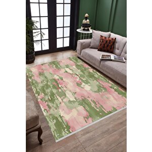 Halı – Yeşil; Pembe; Krem – Soyut Desen, Pamuk Dokuma Taban, Makinede Yıkanabilir, Kolay Temizlenebilir, Toz Ve Tüy Tutmaz, Kaymaz, Evcil Hayvan Dostu 150x150 cm