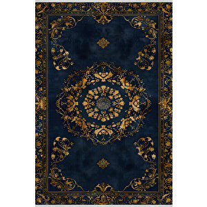 Halı – Lacivert; Gold – Geleneksel Desen, Pamuk Dokuma Taban, Makinede Yıkanabilir, Kolay Temizlenebilir, Toz Ve Tüy Tutmaz, Kaymaz, Evcil Hayvan Dostu 180x270 cm