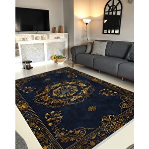 Halı – Lacivert; Gold – Geleneksel Desen, Pamuk Dokuma Taban, Makinede Yıkanabilir, Kolay Temizlenebilir, Toz Ve Tüy Tutmaz, Kaymaz, Evcil Hayvan Dostu 180x270 cm