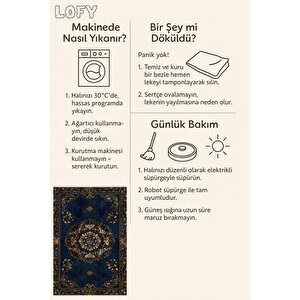 Halı – Lacivert; Gold – Geleneksel Desen, Pamuk Dokuma Taban, Makinede Yıkanabilir, Kolay Temizlenebilir, Toz Ve Tüy Tutmaz, Kaymaz, Evcil Hayvan Dostu