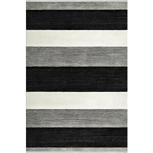 Yıkanabilir Halı – Siyah; Gri; Krem – Çizgili Desen, Pamuk Dokuma Taban, Makinede Yıkanabilir, Kolay Temizlenebilir, Toz Ve Tüy Tutmaz, Kaymaz, Evcil Hayvan Dostu 150x150 cm