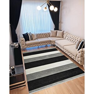 Yıkanabilir Halı – Siyah; Gri; Krem – Çizgili Desen, Pamuk Dokuma Taban, Makinede Yıkanabilir, Kolay Temizlenebilir, Toz Ve Tüy Tutmaz, Kaymaz, Evcil Hayvan Dostu 150x150 cm