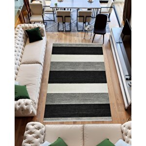 Yıkanabilir Halı – Siyah; Gri; Krem – Çizgili Desen, Pamuk Dokuma Taban, Makinede Yıkanabilir, Kolay Temizlenebilir, Toz Ve Tüy Tutmaz, Kaymaz, Evcil Hayvan Dostu 150x150 cm
