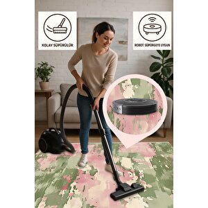 Halı – Yeşil; Pembe; Krem – Soyut Desen, Pamuk Dokuma Taban, Makinede Yıkanabilir, Kolay Temizlenebilir, Toz Ve Tüy Tutmaz, Kaymaz, Evcil Hayvan Dostu
