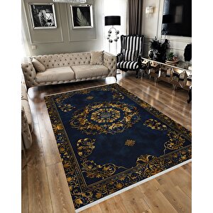 Halı – Lacivert; Gold – Geleneksel Desen, Pamuk Dokuma Taban, Makinede Yıkanabilir, Kolay Temizlenebilir, Toz Ve Tüy Tutmaz, Kaymaz, Evcil Hayvan Dostu 180x200 cm