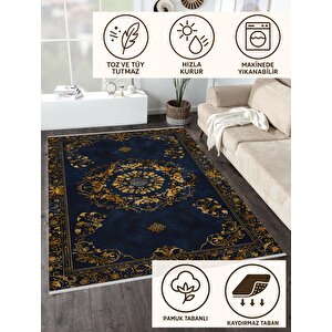 Halı – Lacivert; Gold – Geleneksel Desen, Pamuk Dokuma Taban, Makinede Yıkanabilir, Kolay Temizlenebilir, Toz Ve Tüy Tutmaz, Kaymaz, Evcil Hayvan Dostu