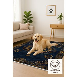 Halı – Lacivert; Gold – Geleneksel Desen, Pamuk Dokuma Taban, Makinede Yıkanabilir, Kolay Temizlenebilir, Toz Ve Tüy Tutmaz, Kaymaz, Evcil Hayvan Dostu