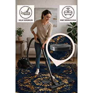 Halı – Lacivert; Gold – Geleneksel Desen, Pamuk Dokuma Taban, Makinede Yıkanabilir, Kolay Temizlenebilir, Toz Ve Tüy Tutmaz, Kaymaz, Evcil Hayvan Dostu