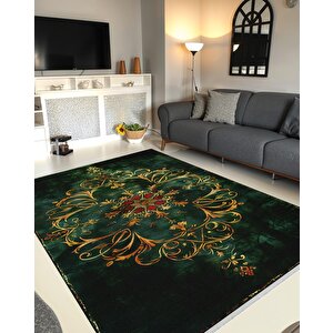 Halı – Yeşil; Kırmızı; Gold – Geleneksel Desen, Pamuk Dokuma Taban, Makinede Yıkanabilir, Kolay Temizlenebilir, Toz Ve Tüy Tutmaz, Kaymaz, Evcil Hayvan Dostu 100x100 cm
