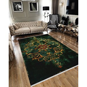 Halı – Yeşil; Kırmızı; Gold – Geleneksel Desen, Pamuk Dokuma Taban, Makinede Yıkanabilir, Kolay Temizlenebilir, Toz Ve Tüy Tutmaz, Kaymaz, Evcil Hayvan Dostu 100x100 cm