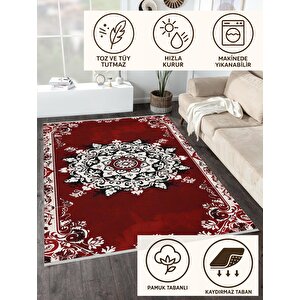 Halı – Kırmızı; Beyaz; Siyah – Geleneksel Desen, Pamuk Dokuma Taban, Makinede Yıkanabilir, Kolay Temizlenebilir, Toz Ve Tüy Tutmaz, Kaymaz, Evcil Hayvan Dostu 150x240 cm