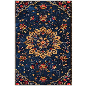 Halı – Lacivert; Kırmızı; Gold – Geleneksel Desen, Pamuk Dokuma Taban, Makinede Yıkanabilir, Kolay Temizlenebilir, Toz Ve Tüy Tutmaz, Kaymaz, Evcil Hayvan Dostu 150x240 cm