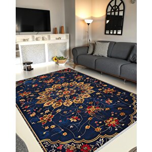 Halı – Lacivert; Kırmızı; Gold – Geleneksel Desen, Pamuk Dokuma Taban, Makinede Yıkanabilir, Kolay Temizlenebilir, Toz Ve Tüy Tutmaz, Kaymaz, Evcil Hayvan Dostu 150x240 cm