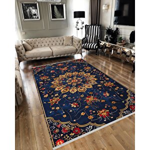 Halı – Lacivert; Kırmızı; Gold – Geleneksel Desen, Pamuk Dokuma Taban, Makinede Yıkanabilir, Kolay Temizlenebilir, Toz Ve Tüy Tutmaz, Kaymaz, Evcil Hayvan Dostu 150x240 cm