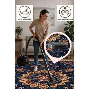 Halı – Lacivert; Kırmızı; Gold – Geleneksel Desen, Pamuk Dokuma Taban, Makinede Yıkanabilir, Kolay Temizlenebilir, Toz Ve Tüy Tutmaz, Kaymaz, Evcil Hayvan Dostu