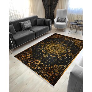 Halı – Siyah; Sarı – Geleneksel Desen, Pamuk Dokuma Taban, Makinede Yıkanabilir, Kolay Temizlenebilir, Toz Ve Tüy Tutmaz, Kaymaz, Evcil Hayvan Dostu 150x300 cm