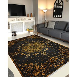 Halı – Siyah; Sarı – Geleneksel Desen, Pamuk Dokuma Taban, Makinede Yıkanabilir, Kolay Temizlenebilir, Toz Ve Tüy Tutmaz, Kaymaz, Evcil Hayvan Dostu 150x300 cm