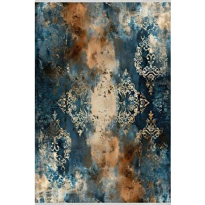 Halı – Mavi; Turuncu; Krem – Oriental Desen, Pamuk Dokuma Taban, Makinede Yıkanabilir, Kolay Temizlenebilir, Toz Ve Tüy Tutmaz, Kaymaz, Evcil Hayvan Dostu 200x350 cm