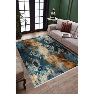Halı – Mavi; Turuncu; Krem – Oriental Desen, Pamuk Dokuma Taban, Makinede Yıkanabilir, Kolay Temizlenebilir, Toz Ve Tüy Tutmaz, Kaymaz, Evcil Hayvan Dostu 200x350 cm