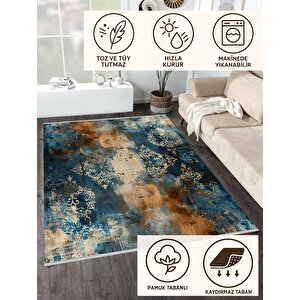Halı – Mavi; Turuncu; Krem – Oriental Desen, Pamuk Dokuma Taban, Makinede Yıkanabilir, Kolay Temizlenebilir, Toz Ve Tüy Tutmaz, Kaymaz, Evcil Hayvan Dostu 200x350 cm