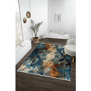 Halı – Mavi; Turuncu; Krem – Oriental Desen, Pamuk Dokuma Taban, Makinede Yıkanabilir, Kolay Temizlenebilir, Toz Ve Tüy Tutmaz, Kaymaz, Evcil Hayvan Dostu