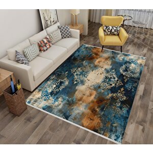 Halı – Mavi; Turuncu; Krem – Oriental Desen, Pamuk Dokuma Taban, Makinede Yıkanabilir, Kolay Temizlenebilir, Toz Ve Tüy Tutmaz, Kaymaz, Evcil Hayvan Dostu