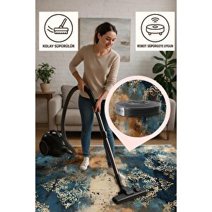 Halı – Mavi; Turuncu; Krem – Oriental Desen, Pamuk Dokuma Taban, Makinede Yıkanabilir, Kolay Temizlenebilir, Toz Ve Tüy Tutmaz, Kaymaz, Evcil Hayvan Dostu