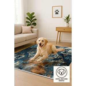 Halı – Mavi; Turuncu; Krem – Oriental Desen, Pamuk Dokuma Taban, Makinede Yıkanabilir, Kolay Temizlenebilir, Toz Ve Tüy Tutmaz, Kaymaz, Evcil Hayvan Dostu