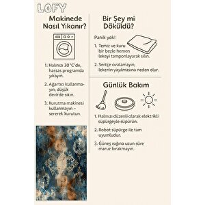 Halı – Mavi; Turuncu; Krem – Oriental Desen, Pamuk Dokuma Taban, Makinede Yıkanabilir, Kolay Temizlenebilir, Toz Ve Tüy Tutmaz, Kaymaz, Evcil Hayvan Dostu