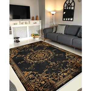 Halı – Siyah; Gold – Geleneksel Desen, Pamuk Dokuma Taban, Makinede Yıkanabilir, Kolay Temizlenebilir, Toz Ve Tüy Tutmaz, Kaymaz, Evcil Hayvan Dostu 100x180 cm