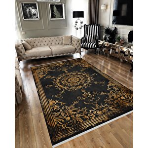 Halı – Siyah; Gold – Geleneksel Desen, Pamuk Dokuma Taban, Makinede Yıkanabilir, Kolay Temizlenebilir, Toz Ve Tüy Tutmaz, Kaymaz, Evcil Hayvan Dostu 100x180 cm