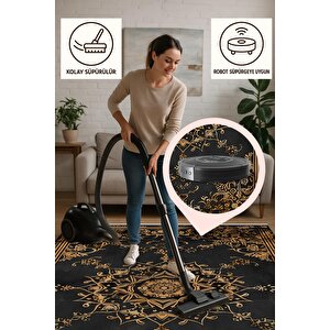 Halı – Siyah; Gold – Geleneksel Desen, Pamuk Dokuma Taban, Makinede Yıkanabilir, Kolay Temizlenebilir, Toz Ve Tüy Tutmaz, Kaymaz, Evcil Hayvan Dostu
