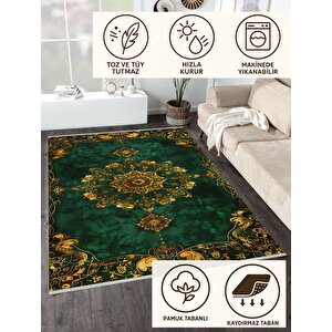 Halı – Yeşil; Sarı – Geleneksel Desen, Pamuk Dokuma Taban, Makinede Yıkanabilir, Kolay Temizlenebilir, Toz Ve Tüy Tutmaz, Kaymaz, Evcil Hayvan Dostu 80x80 cm