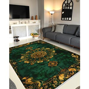 Halı – Yeşil; Sarı – Geleneksel Desen, Pamuk Dokuma Taban, Makinede Yıkanabilir, Kolay Temizlenebilir, Toz Ve Tüy Tutmaz, Kaymaz, Evcil Hayvan Dostu 80x80 cm