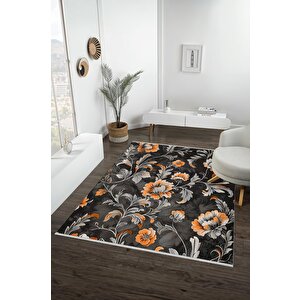 Yıkanabilir Halı – Turuncu; Gri; Siyah – Çiçekli Desen, Pamuk Dokuma Taban, Makinede Yıkanabilir, Kolay Temizlenebilir, Toz Ve Tüy Tutmaz, Kaymaz, Evcil Hayvan Dostu