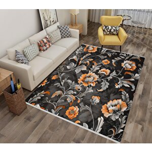 Yıkanabilir Halı – Turuncu; Gri; Siyah – Çiçekli Desen, Pamuk Dokuma Taban, Makinede Yıkanabilir, Kolay Temizlenebilir, Toz Ve Tüy Tutmaz, Kaymaz, Evcil Hayvan Dostu
