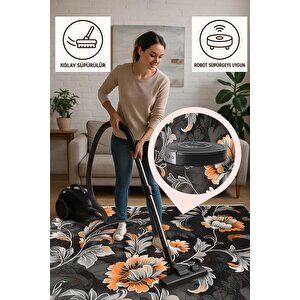 Yıkanabilir Halı – Turuncu; Gri; Siyah – Çiçekli Desen, Pamuk Dokuma Taban, Makinede Yıkanabilir, Kolay Temizlenebilir, Toz Ve Tüy Tutmaz, Kaymaz, Evcil Hayvan Dostu