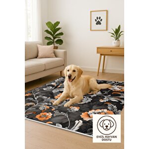 Yıkanabilir Halı – Turuncu; Gri; Siyah – Çiçekli Desen, Pamuk Dokuma Taban, Makinede Yıkanabilir, Kolay Temizlenebilir, Toz Ve Tüy Tutmaz, Kaymaz, Evcil Hayvan Dostu
