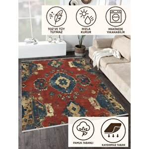 Yıkanabilir Halı – Kiremit; Lacivert; Sarı – Geleneksel Desen, Pamuk Dokuma Taban, Makinede Yıkanabilir, Kolay Temizlenebilir, Toz Ve Tüy Tutmaz, Kaymaz, Evcil Hayvan Dostu