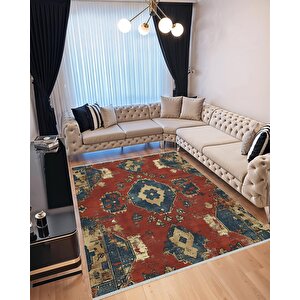 Yıkanabilir Halı – Kiremit; Lacivert; Sarı – Geleneksel Desen, Pamuk Dokuma Taban, Makinede Yıkanabilir, Kolay Temizlenebilir, Toz Ve Tüy Tutmaz, Kaymaz, Evcil Hayvan Dostu