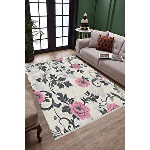 Halı – Pembe; Gri; Krem – Çiçekli Desen, Pamuk Dokuma Taban, Makinede Yıkanabilir, Kolay Temizlenebilir, Toz Ve Tüy Tutmaz, Kaymaz, Evcil Hayvan Dostu 120x180 cm