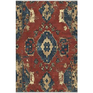 Yıkanabilir Halı – Kiremit; Lacivert; Sarı – Geleneksel Desen, Pamuk Dokuma Taban, Makinede Yıkanabilir, Kolay Temizlenebilir, Toz Ve Tüy Tutmaz, Kaymaz, Evcil Hayvan Dostu 160x180 cm