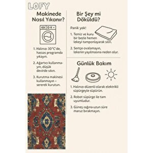 Yıkanabilir Halı – Kiremit; Lacivert; Sarı – Geleneksel Desen, Pamuk Dokuma Taban, Makinede Yıkanabilir, Kolay Temizlenebilir, Toz Ve Tüy Tutmaz, Kaymaz, Evcil Hayvan Dostu 160x180 cm