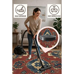 Yıkanabilir Halı – Kiremit; Lacivert; Sarı – Geleneksel Desen, Pamuk Dokuma Taban, Makinede Yıkanabilir, Kolay Temizlenebilir, Toz Ve Tüy Tutmaz, Kaymaz, Evcil Hayvan Dostu 160x180 cm