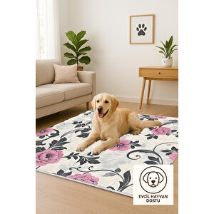 Halı – Pembe; Gri; Krem – Çiçekli Desen, Pamuk Dokuma Taban, Makinede Yıkanabilir, Kolay Temizlenebilir, Toz Ve Tüy Tutmaz, Kaymaz, Evcil Hayvan Dostu