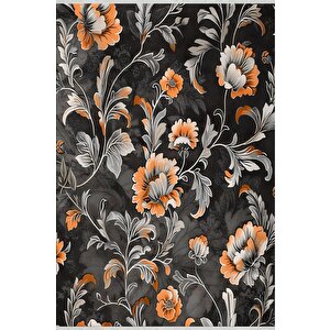 Yıkanabilir Halı – Turuncu; Gri; Siyah – Çiçekli Desen, Pamuk Dokuma Taban, Makinede Yıkanabilir, Kolay Temizlenebilir, Toz Ve Tüy Tutmaz, Kaymaz, Evcil Hayvan Dostu 160x350 cm