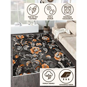 Yıkanabilir Halı – Turuncu; Gri; Siyah – Çiçekli Desen, Pamuk Dokuma Taban, Makinede Yıkanabilir, Kolay Temizlenebilir, Toz Ve Tüy Tutmaz, Kaymaz, Evcil Hayvan Dostu 160x350 cm